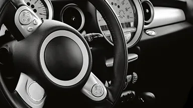 Close up of automobile steering wheel